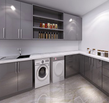 Diseño de gabinete de lavandería gris personalizado